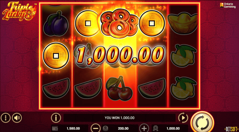 Triple Lucky 8's slot game screen showing a jackpot win with fruit and gold coin symbols, by Betsoft Gaming