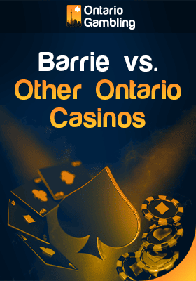 The spade sign around which there are cards on one side and chips on the other for Barrie vs. other Ontario casinos