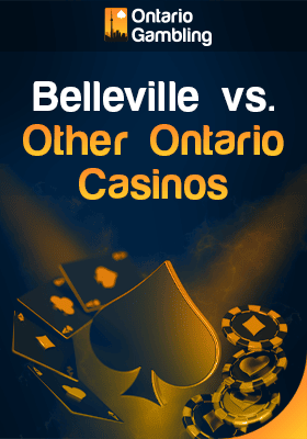 The spade sign around which there are cards on one side and chips on the other for Belleville vs. other Ontario casinos