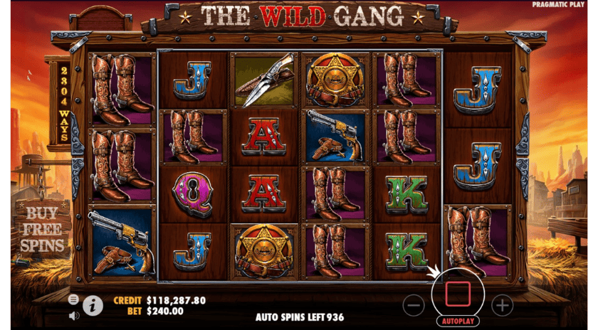 In-game screenshot of 'The Wild Gang' slot by Pragmatic Play, displaying western-style symbols and autoplay feature.