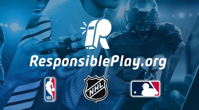 ResponsiblePlay.org promotional graphic with NBA, NHL, and MLB logos alongside images of athletes and fans